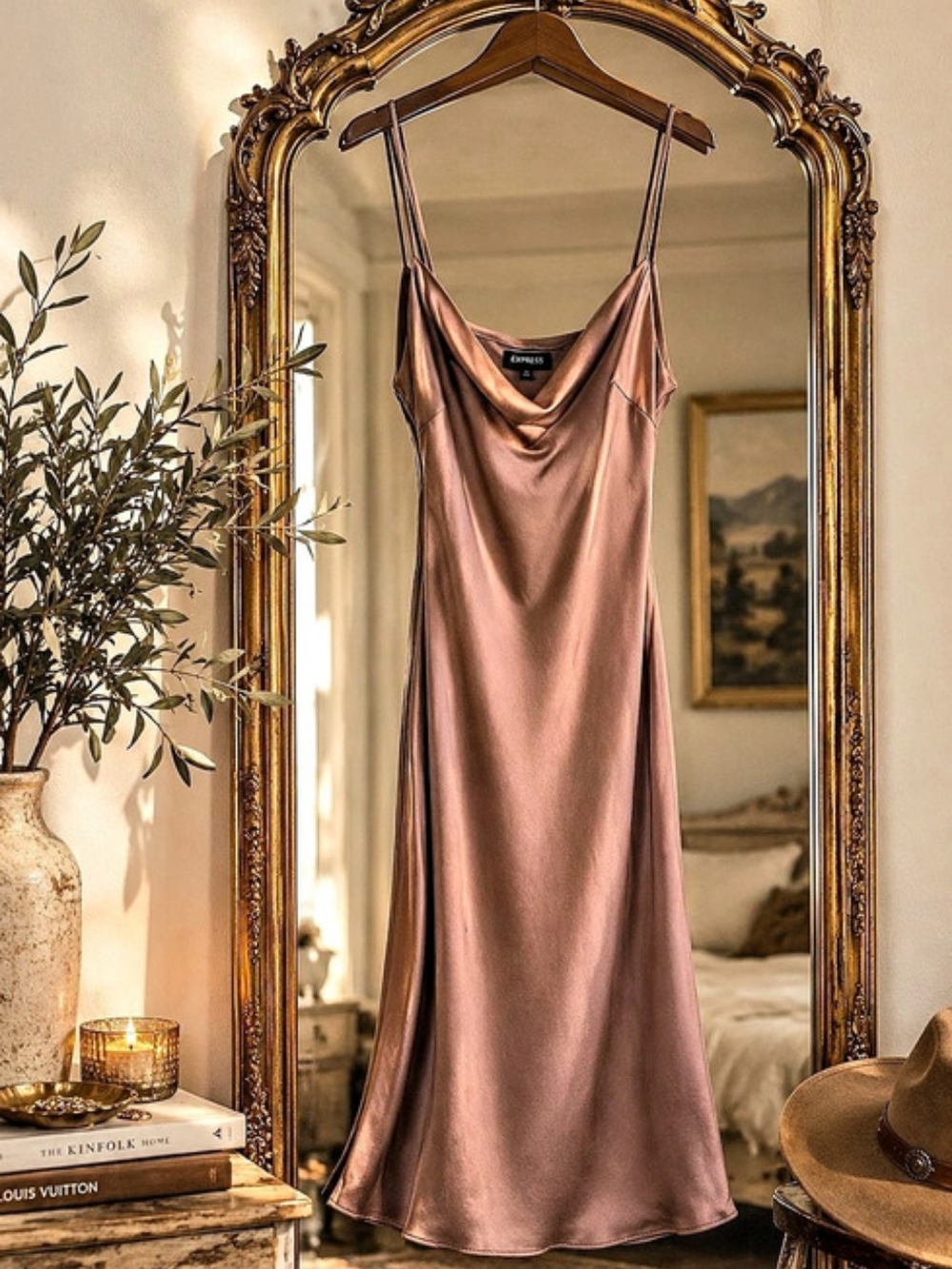 EXPRESS Satin Cowl Neck Midi Slip Women's Dress Light Copper/Bronze Small